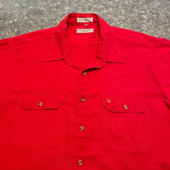 Vintage Christian Dior Chemises Button Up Shirt Mens XL Red Embroidered Logo S/S - Picture 1 of 10